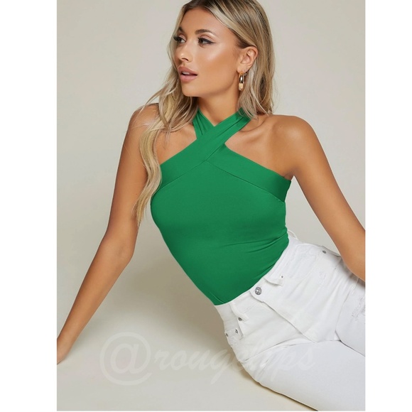 Green Halter Tank Top Criss Cross Slim Fit Stretchy - Picture 2 of 7